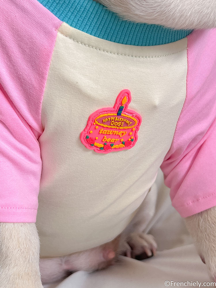 dog pink birthday shirt with candy pin and brirthday cake print