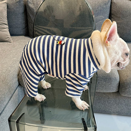 Dog Navy Blue Stripe Onesie Pajamas for medium dogs by Frenchiely.com