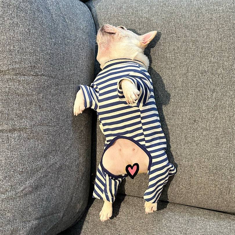 Dog Navy Blue Stripe Onesie Pajamas for medium dogs by Frenchiely.com