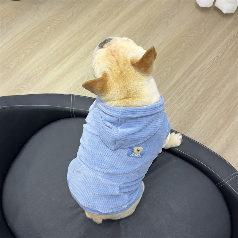 Dog Blue Corduroy Hooded Coat for French Bulldogs