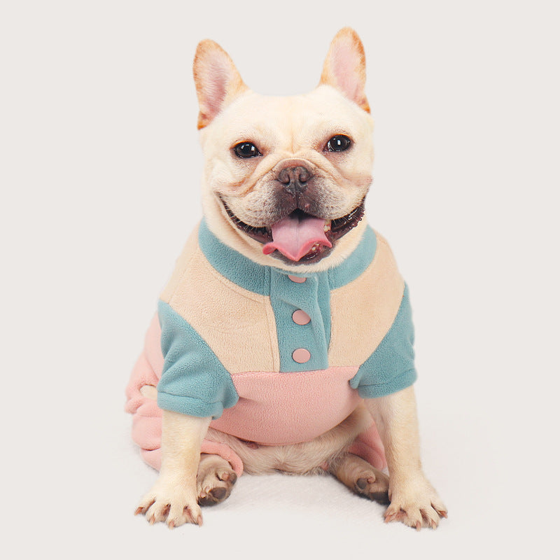 French Bulldog in Dog Winter Warm Onesie PJs, showcasing adjustable string and snug fit, perfect for warmth. Model wears size 2XL for 55cm chest girth.