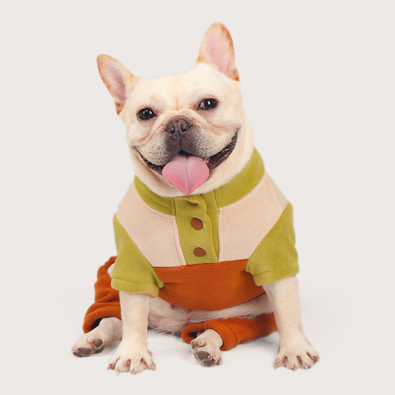 French bulldog wearing the Dog Winter Warm Onesie PJs, size 2XL, showcasing adjustable strings and warm fabric, ideal for chest girth of 21.5 inches.