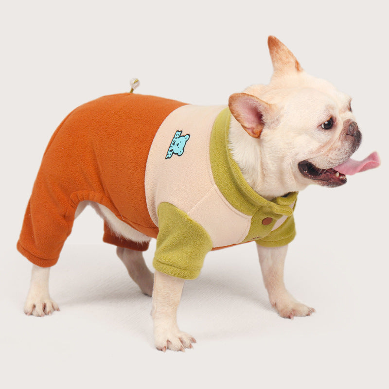 Dog Winter Warm Onesie PJs on a French Bulldog, showcasing adjustable strings and a snug fit, modeled in size 2XL for 55cm chest girth.