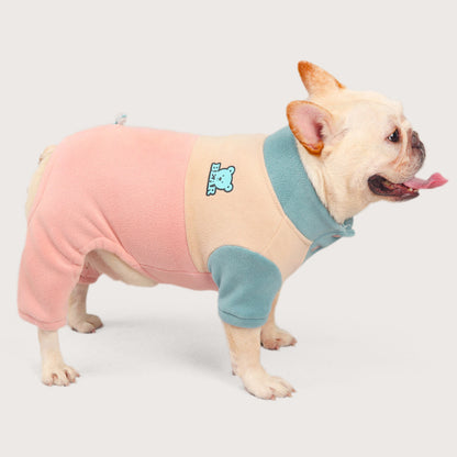 Dog wearing a 2XL Winter Warm Onesie PJs, showcasing a snug fit with adjustable strings, designed for chest girth of 55cm/21.5 inches.