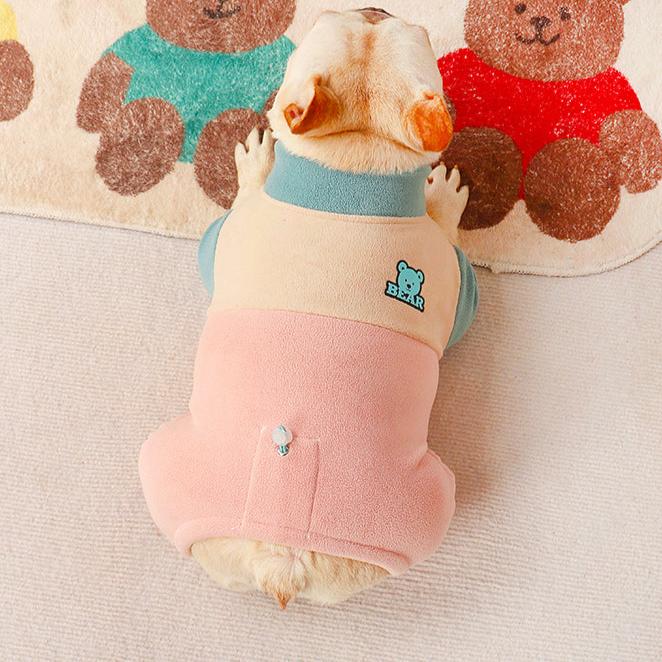 Dog Winter Warm Onesie PJs on a teddy bear, showcasing plush fabric and adjustable string design, emphasizing cozy fit for pets with fast growth.