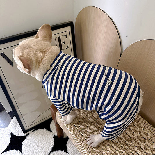 Dog Navy Blue Stripe Onesie Pajamas for medium dogs by Frenchiely.com