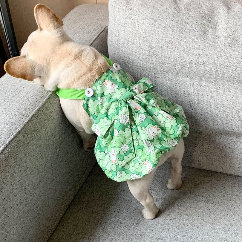 Dog green floral dress with bowtie for small medium dogs by Frenchiely