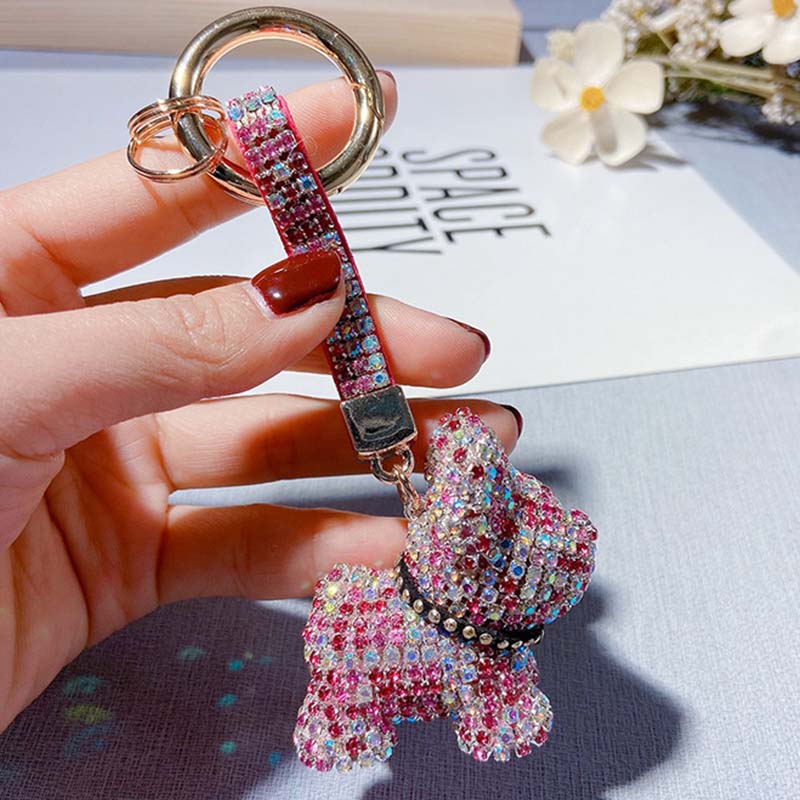 Bling Rhinestone French Bulldog Puffy Tassel Key Chain Purse Charm