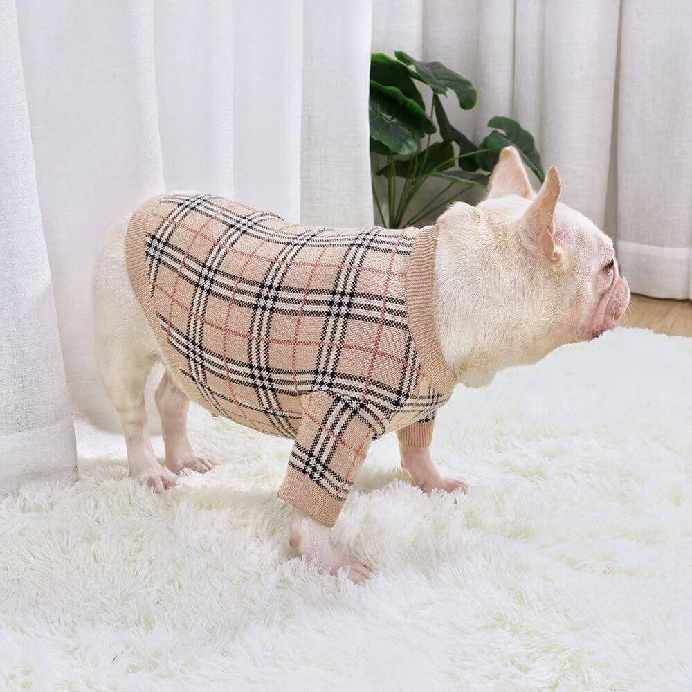 French Bulldog Beige Plaid Sweater Cardigan-Frenchiely 