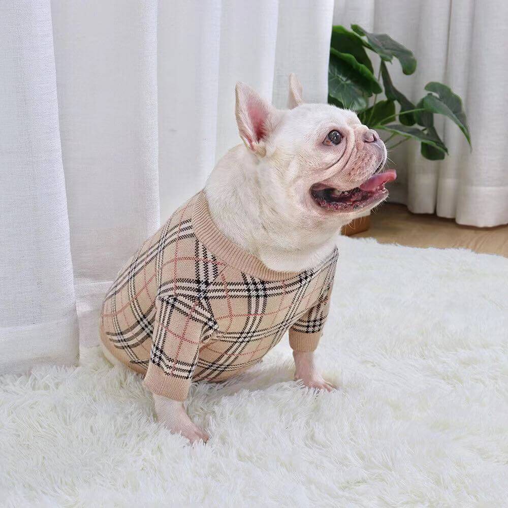 French Bulldog Beige Plaid Sweater Cardigan-Frenchiely 