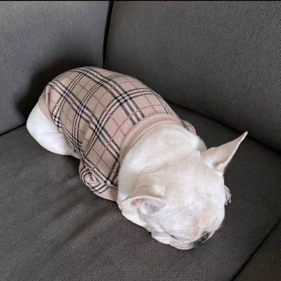 French Bulldog Beige Plaid Sweater Cardigan-Frenchiely 